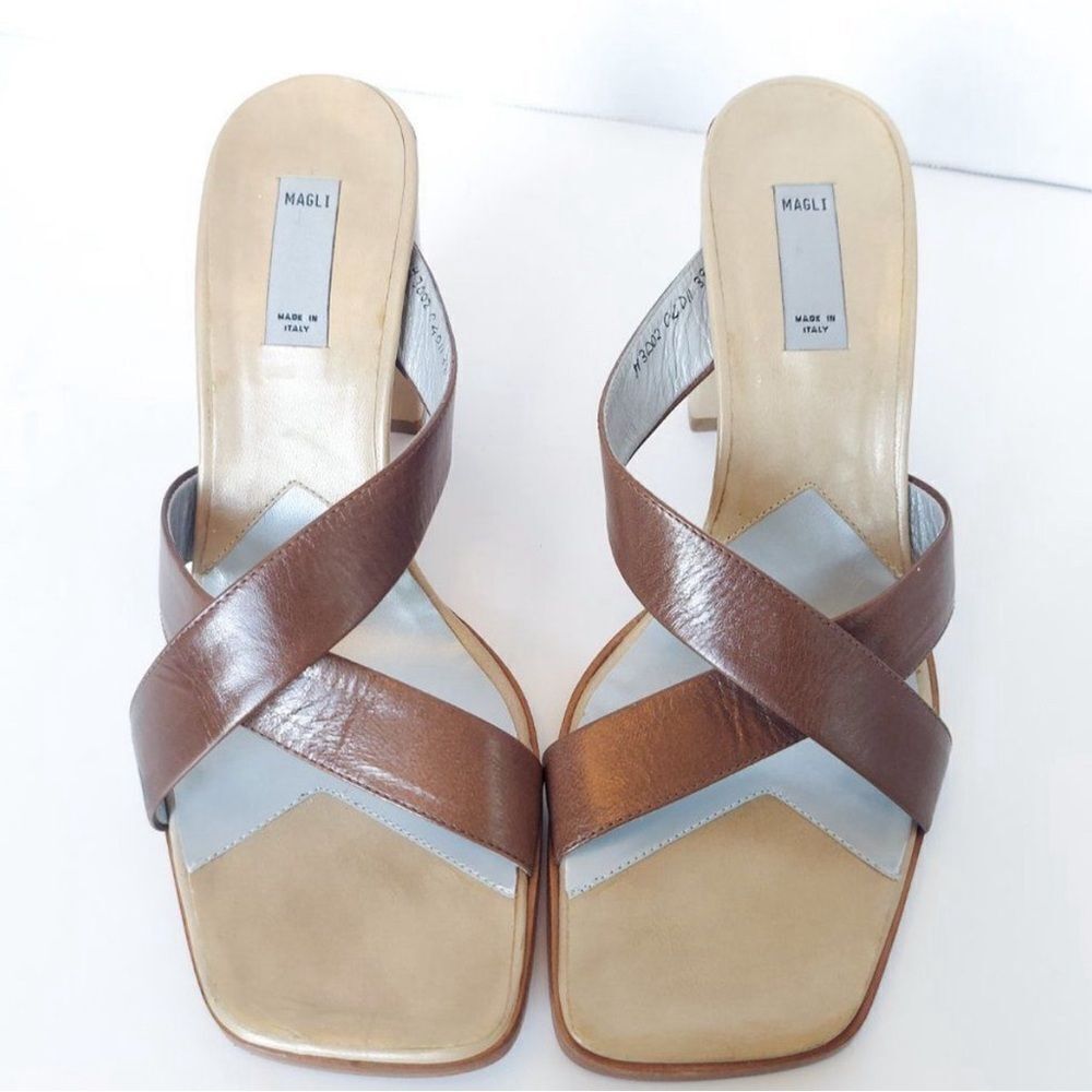 Bruno Magli Two-Tone Brown and Cream Crisscross Block Heel Mules - Picture 2 of 7